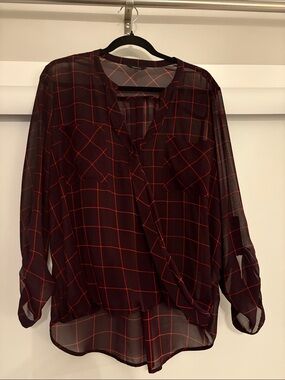 RW&CO. Burgundy Sheer Blouse with Red Windowpane